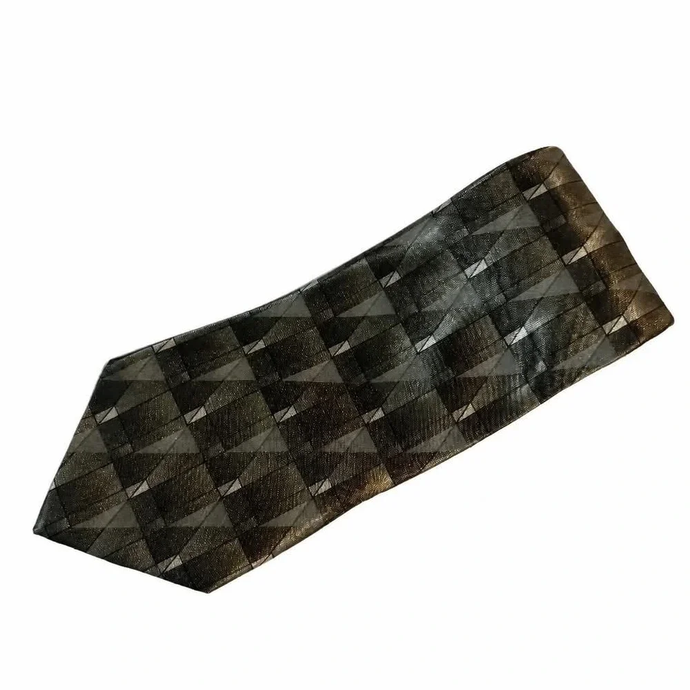 Vintage Don Loper Beverly Hills Tie Men Olive Green Charcoal Geometric Polyester